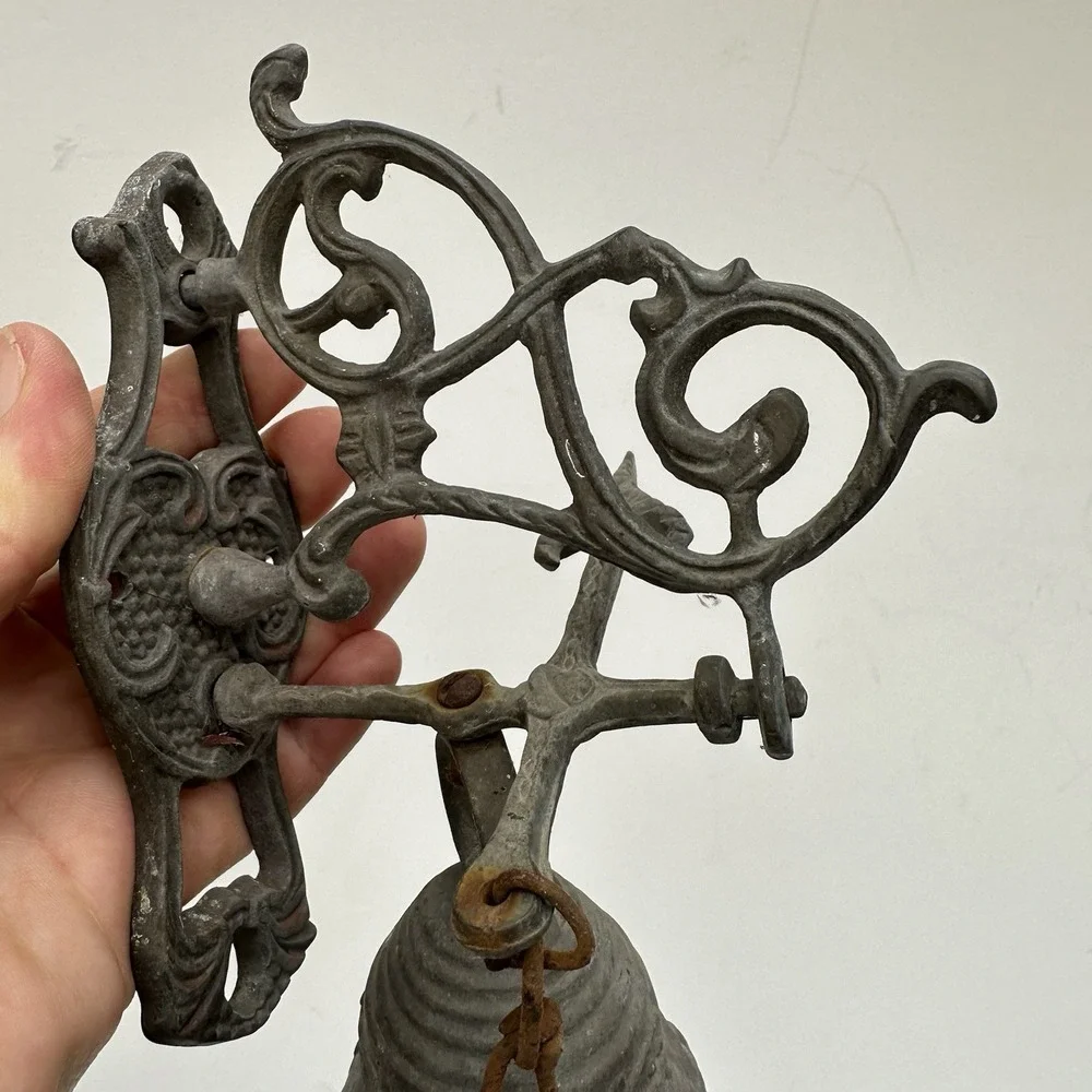 Vintage Brass Wall-Mounted Door Monastery Bell W/ Chain & Pull Handle Patina